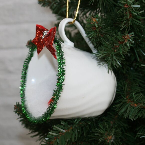 HAND CRAFTED Christmas Ornament Upcyled Teacup Coraler Winter Scene Red - Picture 3 of 9